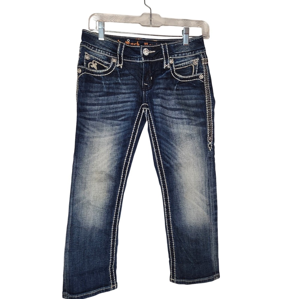 ROCK REVIVAL Noelle Capri Jeans Womens 25 Dark Blue Denim Embellished Rhinestone